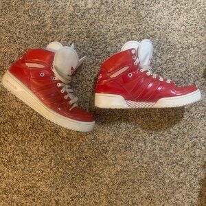 Adidas red patent leather high tops 7.5